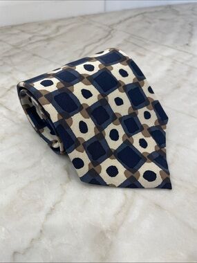Structure Navy, Cream and Brown Geometric Silk Tie